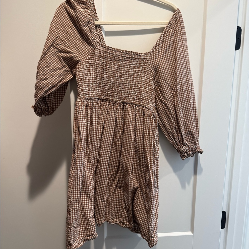 Rylee + Cru Brown and White Gingham Mini Dress